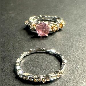 Elegant Pink and Silver Toned Ring Set